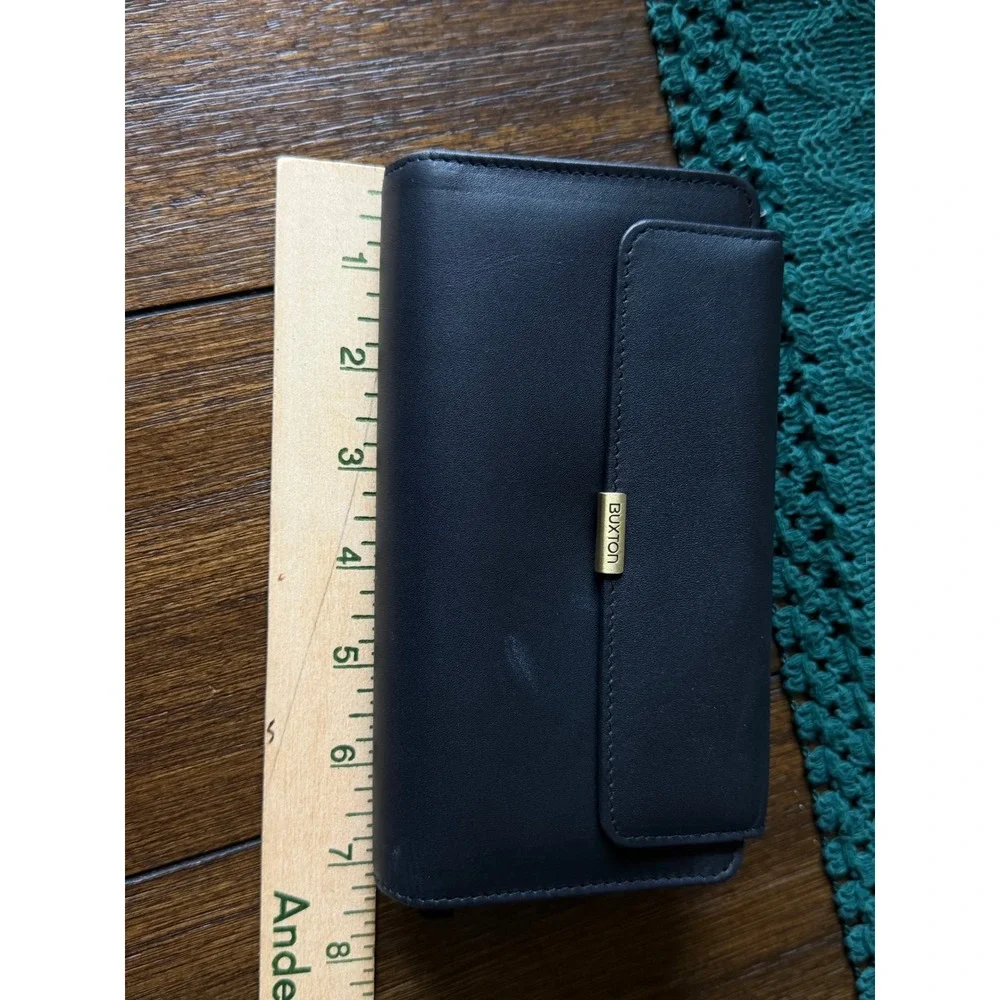 Buxton Black Genuine Leather Clutch Wallet Checkbook Organizer Gold Tone Snap